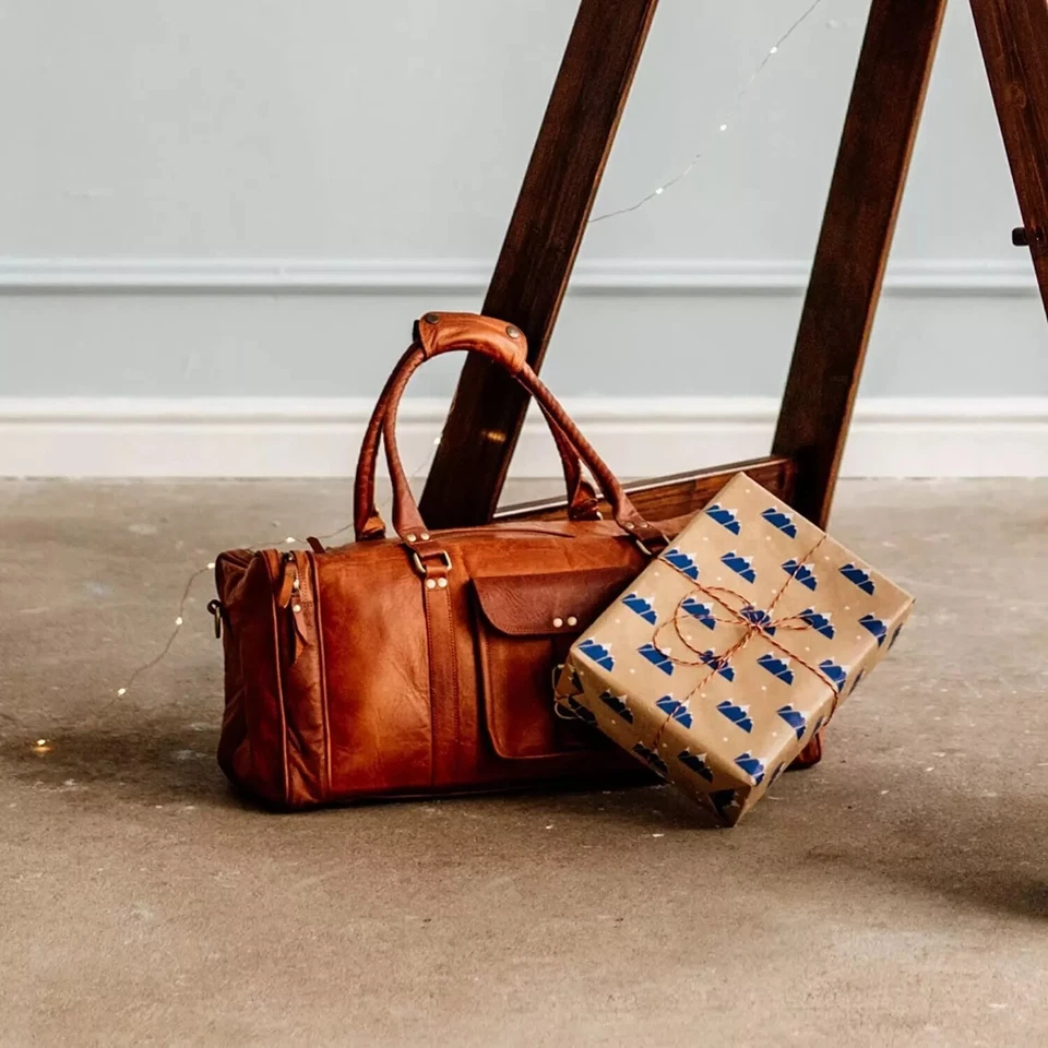 Equipaje de viaje de cuero marrón cabra genuino vintage bolso de lona fin de semana para pasar la noche Foto 4 de 4