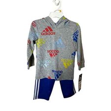 Adidas Hooded Tee Pants Matching Set Gray Blue Spell Out Boys Size 12 Months