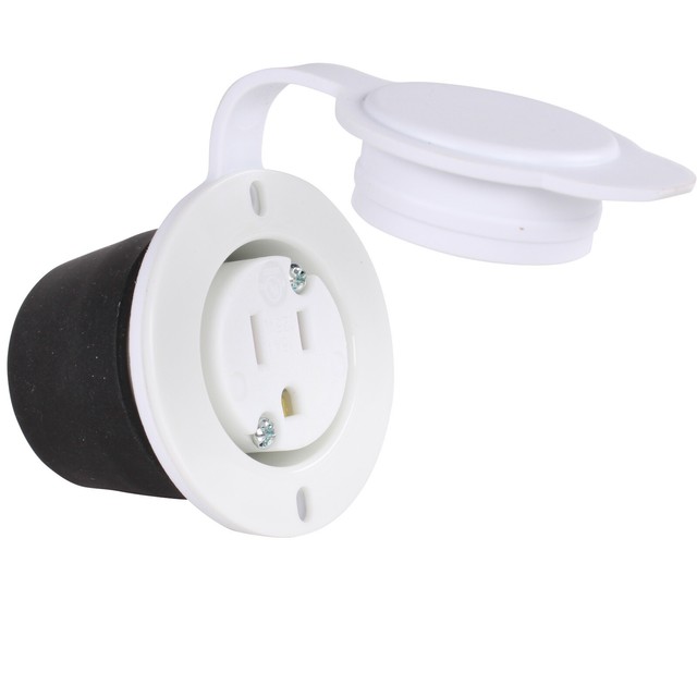 110V 15A White Black RV Marine Onboard Shore Power Flanged Outlet