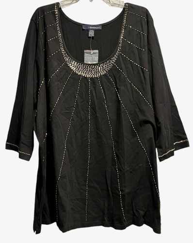DENIM 24/7 Top Womens Plus Size 3X Black Gold Beaded Starburst Cotton Tunic