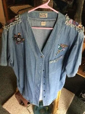 Sostanza Blue Jean 100% Cotton Short Sleeve Top Ladies L Floral Decoration vinta