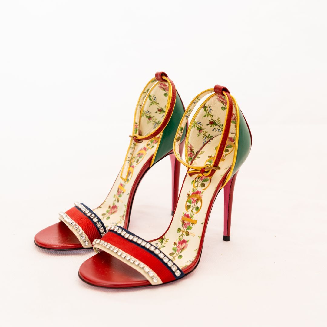 グッチ　Gucci 　ピンク　ミュール　36.5 Gucci Pink Leather Crystal Web Sandal Heels 36.5 | eBay