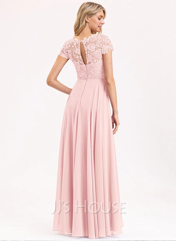 A 字低圆领落地雪纺蕾丝伴娘礼服带口袋 — 第 3/4 张图片