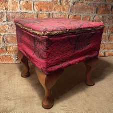 Victorian Square Footstool, Red Fabric, Opens For Storage, Mahogany Feet 