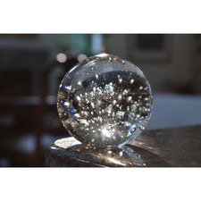 Hand Blown Art Glass Paperweight Clear Controlled Bubbles Sphere Dome Unsigned
