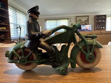 Vtg.Cast Iron Motorcycle Police Cop Patrol Bike 1930's Repro Green