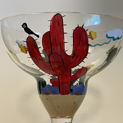 Lolita Hand Painted Red Cactus Margarita Glass Goblet w/Recipe Red Desert Scene - Picture 2 of 10