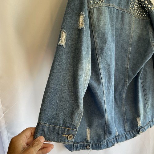 Jiao Ma Hua Pearl Embellished Women’s Denim Jeansjacke Size Large Distressed - Bild 8 von 15
