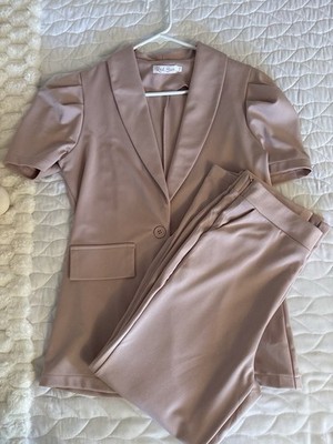  Red Sun Women s Pink 2-Piece Blazer & Pants Set L/XL Short Sleeve V-Neck