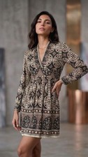 Vintage Boho V-Neck Long Sleeve Mini Dress Size M Brown Cotton