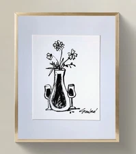 Original Ink Floral Drawing on Watercolor Paper_ Minimalist Art Signed by Artist