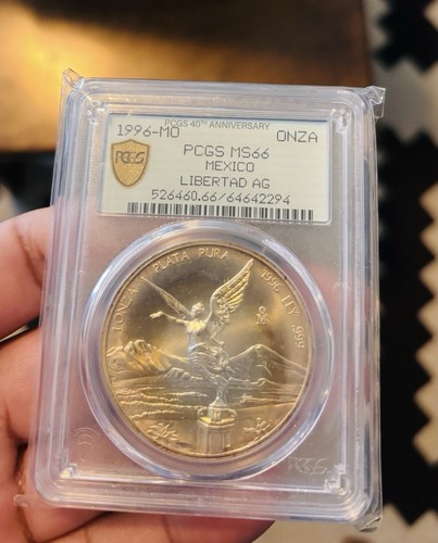 1996 México 1 oz Silver Libertad PCGS MS66 Con Gold Shield 40 anniversary Label