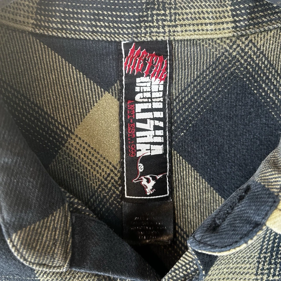 Metal Mulisha Large Tan Black Plaid Long Sleeve Button Up Flannel Biker Hipster - Image 3 of 4