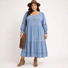 CANYON RETREAT Blue Easy Midi Boot Dress Size 1X Tiered Boho Coastal Cottagecore