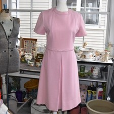 Vintage 60s Pink Double Knit Empire Waist Mod Dress Braided Trim A Line Small