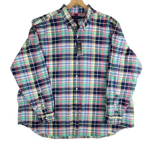 Ralph Lauren Shirt Mens 4XB Big Blue Multi Plaid Oxford Cotton Buttons Pony NWT