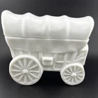 VINTAGE KR Haley Glassware Co Milk Glass Prairie Schooner Wagon Covered Dish