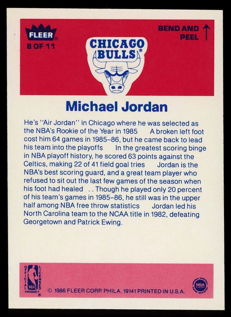 Michael Jordan 1986-87 Fleer Sticker Rookie RC 8 BULLS HOF view 2