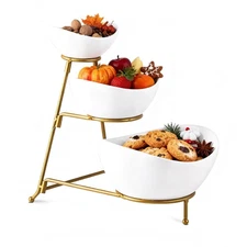 3 Tiered Oval Serving Bowl with Collapsible Metal Rack, Chip and Dip Serving ...
