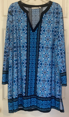 Maria Gabrielle Tunic Blouse 1X Blue Boho top Long Sleeve Southwest Geometric