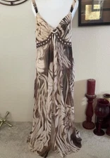 💕RARE💕Chiffon Cream & Brown Sexy Long Nightgown Full Slip Dress Lingerie