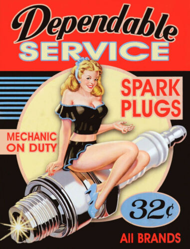 1950s Pin Up Dependable Spark Plug Poster  13 x 17  Giclee Print - Afbeelding 1 van 1