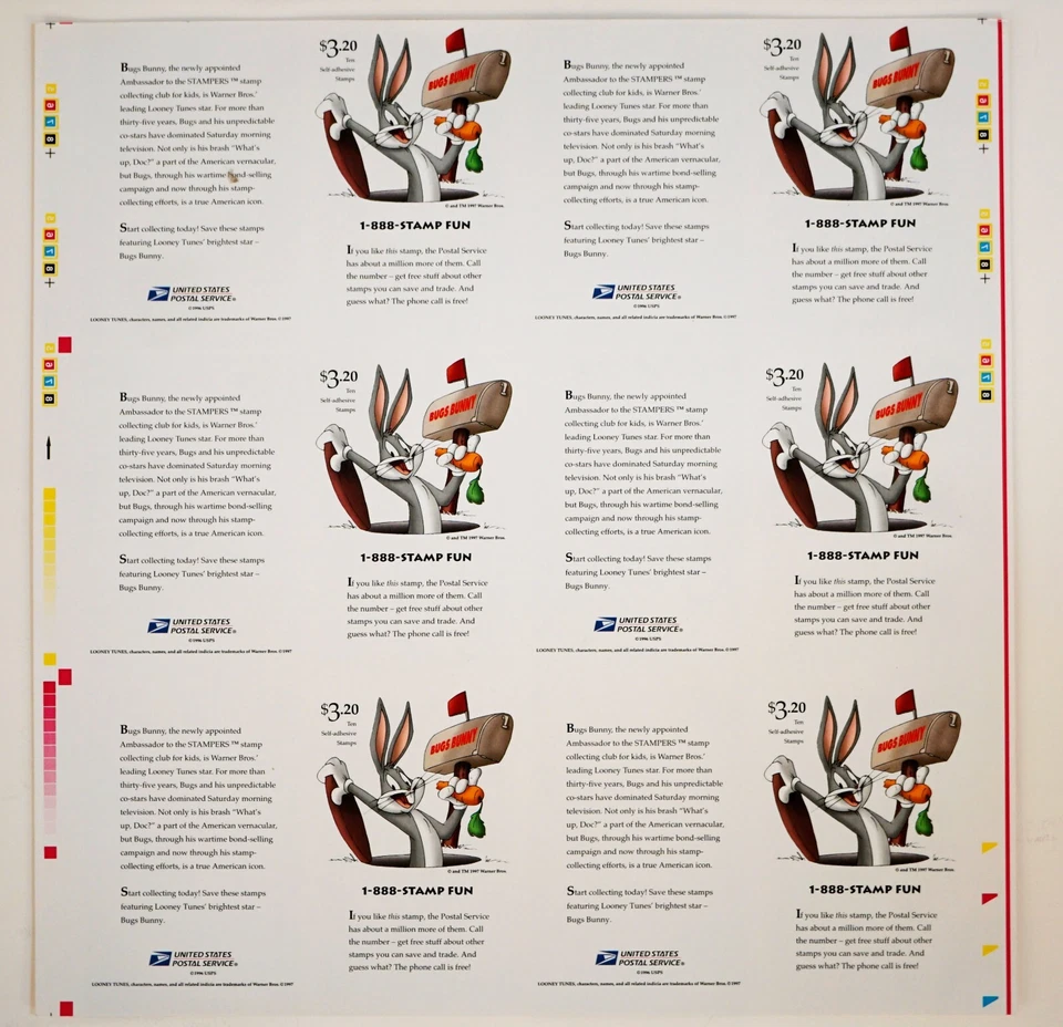 Bugs Bunny 1997 #3137 Uncut Press Sheet of 60 / 32c Stamps plus BONUS Postcards - Image 3 of 4