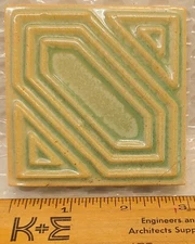 Antique AET Co.  American Encaustic Tile Co. Tan Green 3" Geometric Pottery Tile