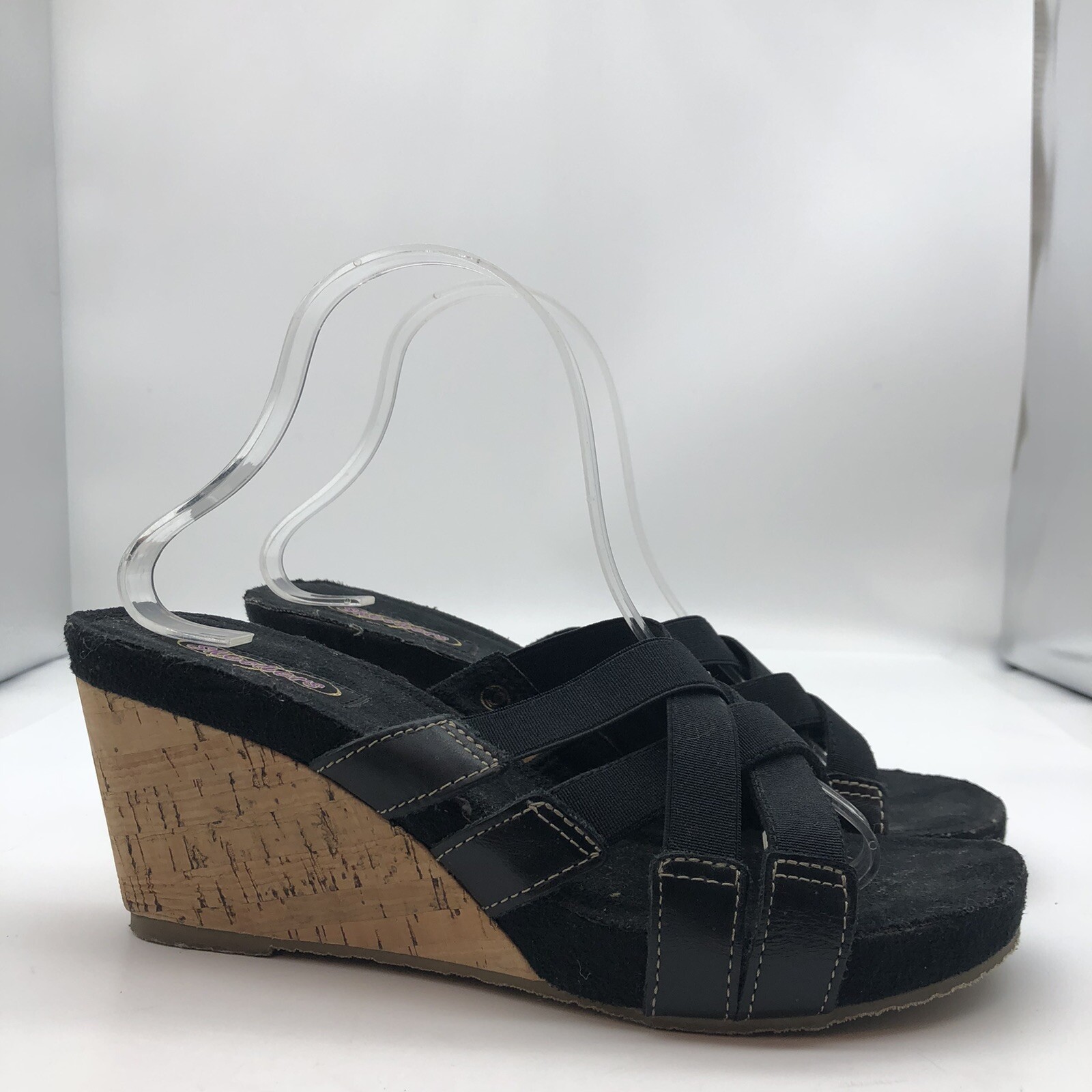 Skechers Y2K cork wedge Sandals black strappy sz 9