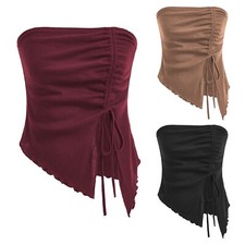 Women's Ribbed Knit Asymmetrical Tube Top Tie Front Strapless Bandeau Tops