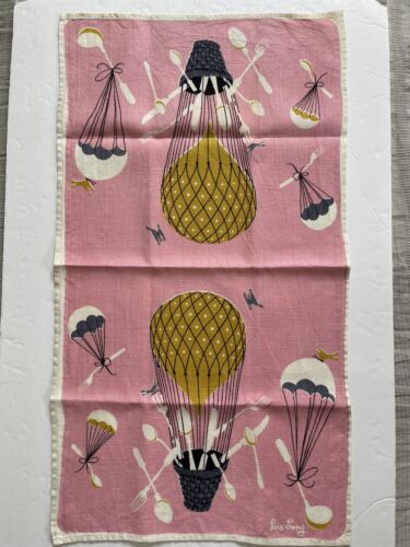 Vintage Lois Long Linen Kitchen Tea Towel Pink Hot Air Balloon Design - Picture 1 of 8