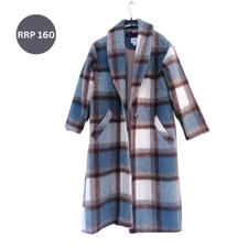 Rrp£160 New White Stuff Lara Women's Coat Check Wool Blend Size Uk 10 Blue Brown