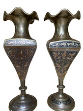 Brass Vases Etched Black & Red  7 1/2”  Preowned. Lot of 2. read description