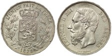 Belgium - 5 Francs 1875 - Leopold II, Silver