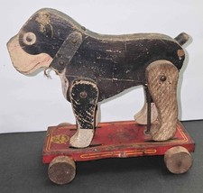 Antique FRANTZ Pull Toy Dog - Wood and Tin toy Collectible - Made In USA