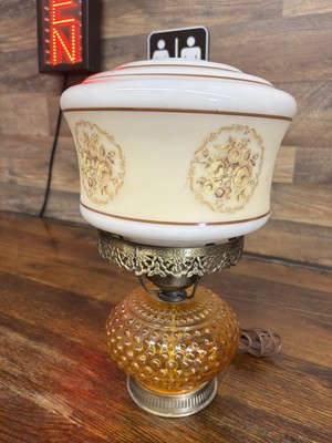 Vintage Amber and Milk Glass Hurricane table Lamp with floral design 14''