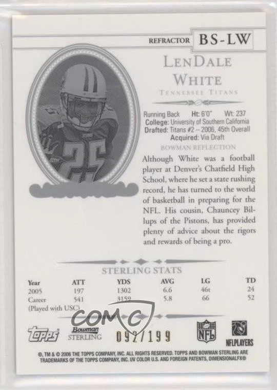 2006 Bowman Sterling Relics Refractor /199 LenDale White #BS-LW Rookie RC - Image 2 of 2