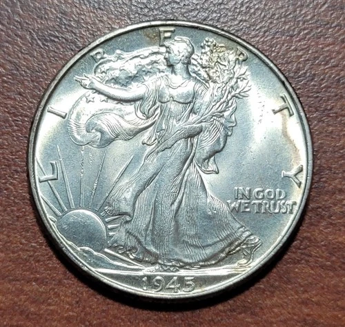 1945 Walking Liberty Half Dollar BU UNC Lustrous Uncirculated Details