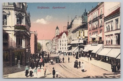 Kristiania Egertorvet Platz Straßenszene Straßenbahnen Geschäfte Mittet Postkarte Norwegen