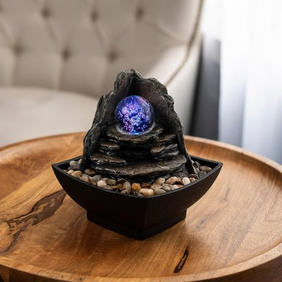 Rock Formation Tabletop Water Fountain With Rolling LED Light Glass Ball