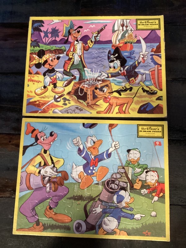 Lot 2 Vintage Disney Jaymar Specialty Inlaid Puzzles Mickey Goofy Pluto Donald