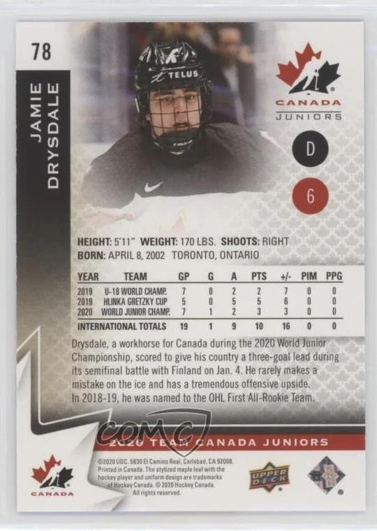 2020-21 Upper Deck Team Canada Juniors High Gloss /25 Jamie Drysdale #78 - Image 2 of 2