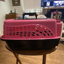 Pink Hard-Sided Plastic Pet Carrier Crate w/ Top Handle Metal Wire Door