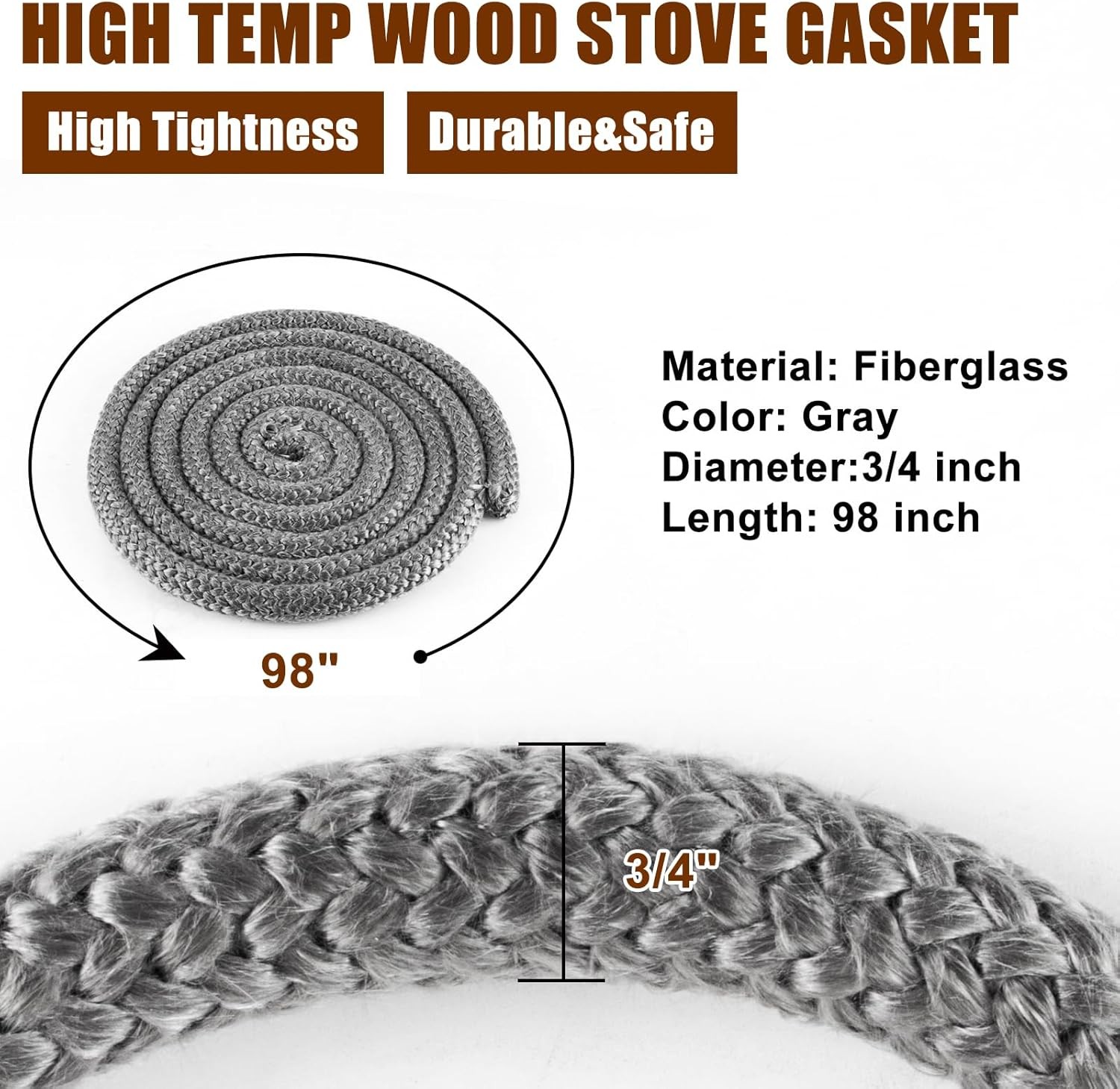 Wood Stove Door Gasket, 3/4" Gasket Rope Seal for 3/4 x 98 