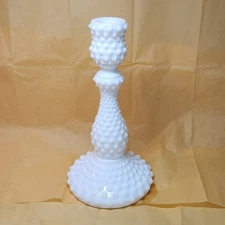 One Vtg Fenton White Hobnail Milk Glass 9" Candlestick Candle Holder Cottage