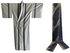 Silk Tsumugi Kimono Silver Gray Striped Elegant Obi Set Japan