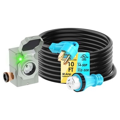 50 Amp Generator Cord & Inlet Box Kit NEMA 14-50P to SS2-50R 10ft 125/250V