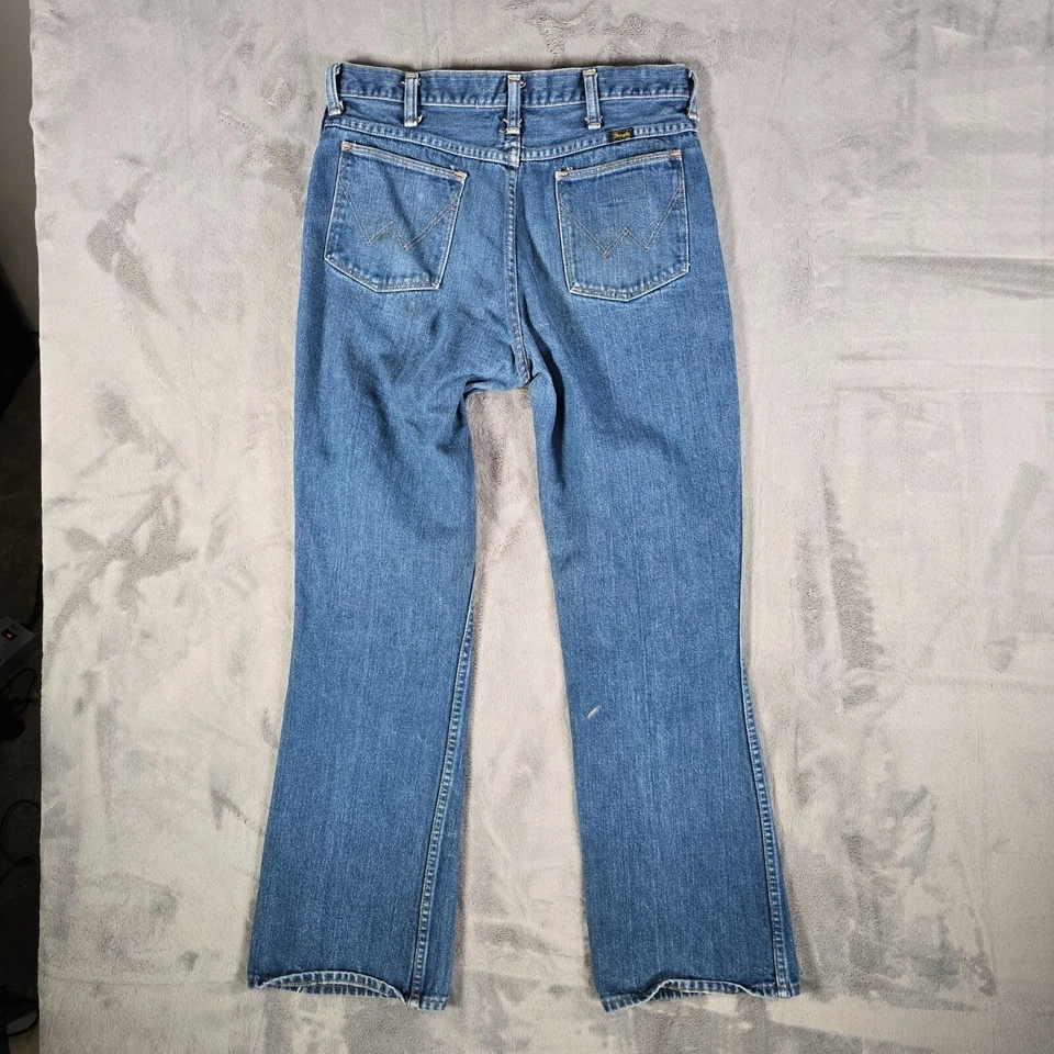 Pantalones de mezclilla hippies vintage años 70 para hombre Wrangler Talon cremallera signo de paz parche (32x30) Foto 2 de 4