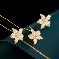 Women Gold Plated Flower Earrings and Necklace Cubic Zirconia Bridal Jewelry Set