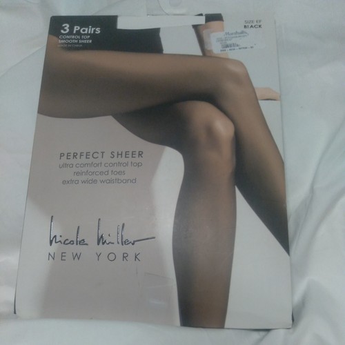 New Nicole Miller Perfect Sheer Control Top Pantyhose~Black ~Size EF - 3pk